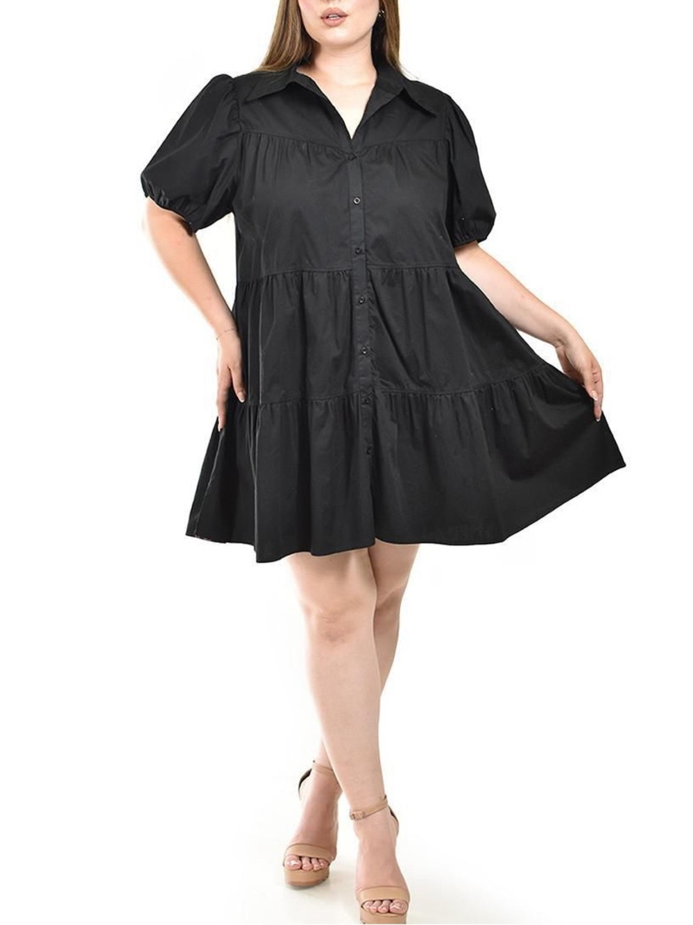 Black Tiered Button-Front Shirt Dress